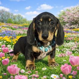 Brekin - Black and cream male Dachshund puppy in Lincoln, Arkansas from Red Dirt Dachshunds