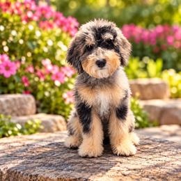 Pebbles - Lite Pink Collar - Blue merle female Bernedoodle puppy in Port Charlotte, Florida from Islands Wheatens and Poodles