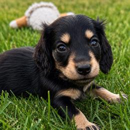 Biscuit - Black and cream male Dachshund puppy in Salem, Oregon from Longdox Mini Dachshunds