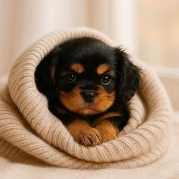 Orange collar - Black and tan male Cavalier King Charles Spaniel puppy in Poolesville, Maryland from Harvest Moon Cavaliers