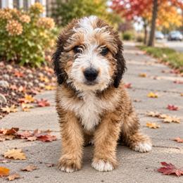 Poe - Brown and white male Bernedoodle puppy in Springville, Utah from Oodles of Bernedoodles