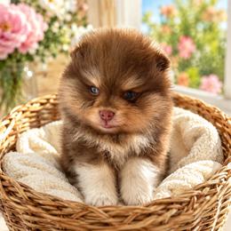 Boots - Chocolate and tan female Pomeranian puppy in Fayetteville, North Carolina from Tar-heel Poms