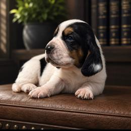Harvey - Black collar - Black white and brown male Basset Hound puppy in Edmonton, Kentucky from RiverBottom Bassets