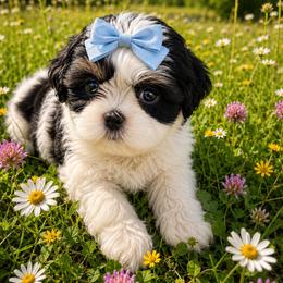 Carol Brady light blue - Black and white female Mal-Shi puppy in Benton Harbor Mi, Michigan from Wiggle Bottom Shih Tzu/Maltese