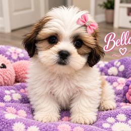 Bella - Brindle and white female Mal-Shi puppy in Belleville, Michigan from Michigan Maltese Puppies
