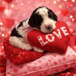 Rose collar - Black and white female Sheepadoodle puppy in Inman, South Carolina from Mossy Doodles LLC